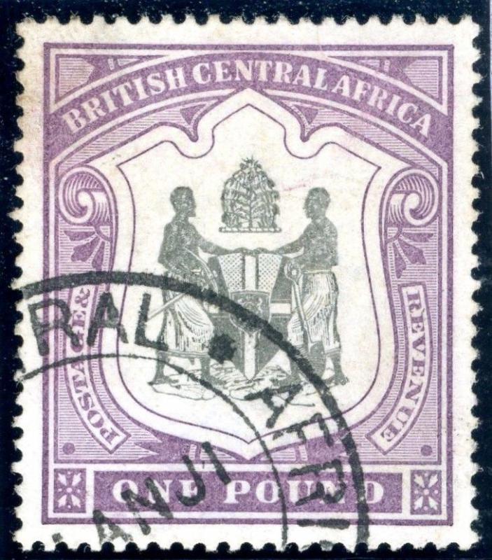 BRITISH CENTRAL AFRICA-1897-1900 £1 Black & Dull Purple fine used example Sg 51
