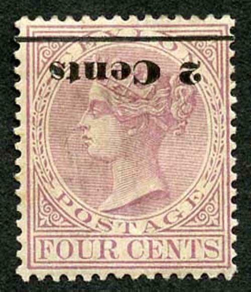 Ceylon SG206a 2c on 4c Rosy Mauve (SG type 33) INVERTED Mint (toned)