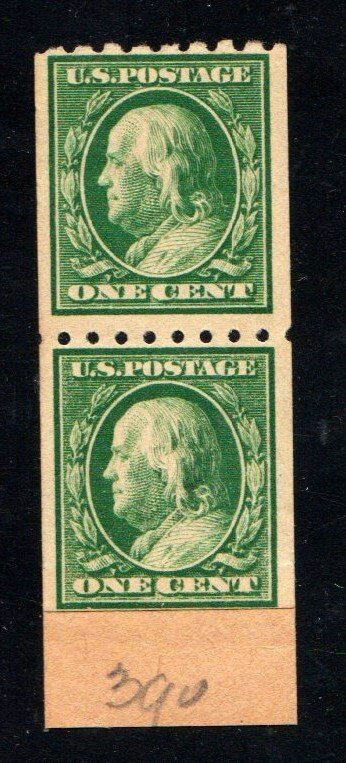 #390 PASTE-UP PAIR 1c PERF 8 1/2 HORZ COIL ISSUE MINT-OG NH⭐⭐⭐⭐⭐