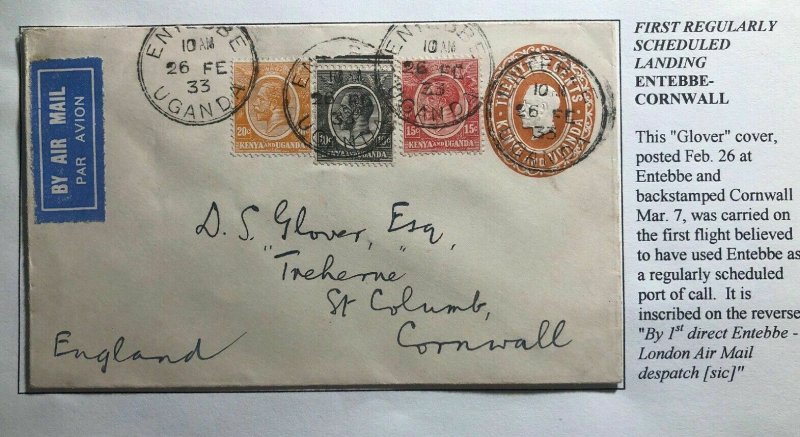 1932 Entebbe Uganda First Regularly Flight Cover FFC To Cornwall England