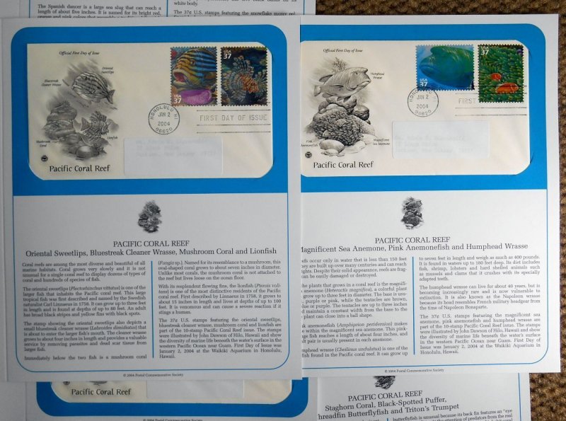 2004 Pacific Coral Reefs 10 designs Sc 3831a-j 5 FDCs with PCS cachet info pages