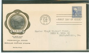 US 816 1938 11c James Polk (part of the Presidential/prexy series) single on an addressed first day cover with a rice cachet.