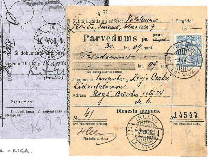 LATVIA Parcel Post Card *IRLAVA* 1936 Postal Stationery {samwells-covers}GY83