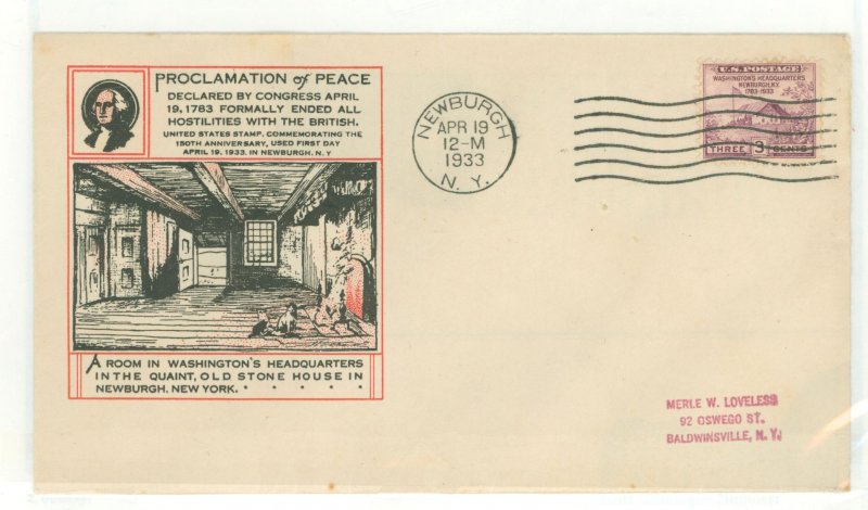 US 727 1933 3c Newburgh, NY cacheted first day cover (Harry Ioor cachet)