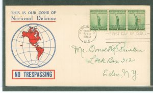 US 899 1940 1c National Defense/Statue of Liberty (strip of three) on an addressed first day cover with a Linprint cachet.