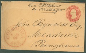 US  Columbia Arkansas 19 Mar 185x to Pennsylvania via Pittsburgh or Chicago.  Red CDS, very unusual for suggested route to appea