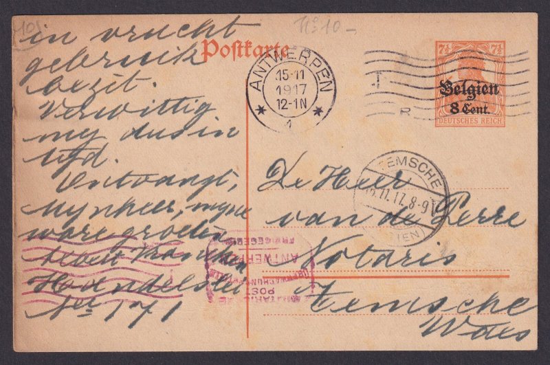 BELGIUM 1917, Pre-paid postcard from Antwerp, German occupation, censored, WWI