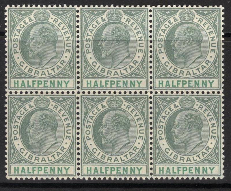 GIBRALTAR SG56 1904 ½d DULL & BRIGHT GREEN MNH BLOCK OF 6 