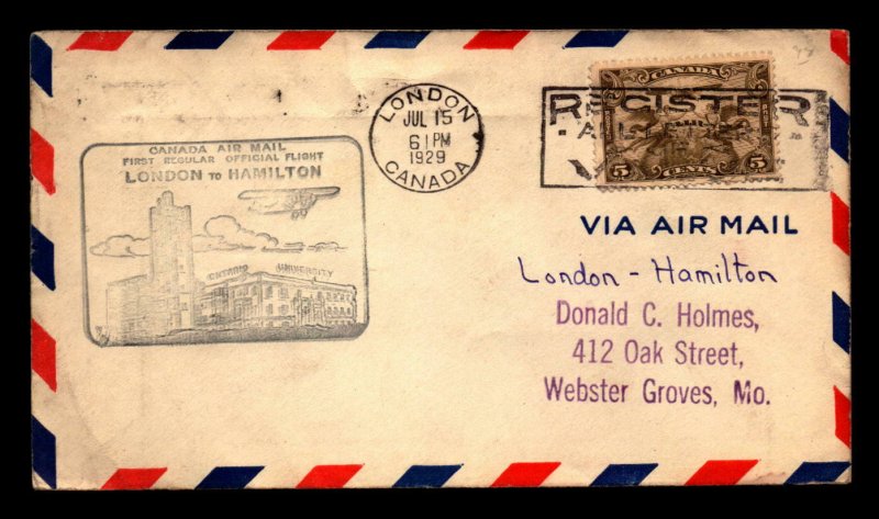 Canada 1929 FFC London to Hamilton - L8006