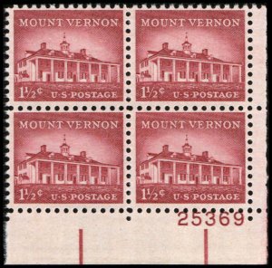 US #1032 MOUNT VERNON MNH LR PLATE BLOCK #25369