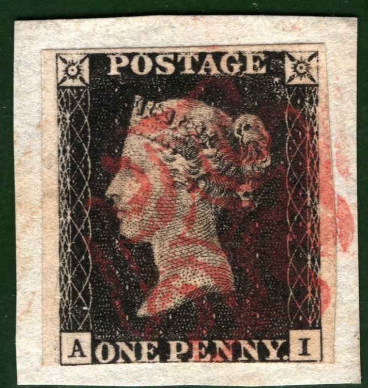 GB PENNY BLACK QV Stamp 1d Plate 1b (AI) RUBY MX Piece (1840) Cat £1,200 GRED21