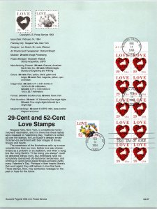 USPS SOUVENIR PAGE 29c AND 52c LOVE STAMPS PLATE BLOCK OF (10) AND SINGLE 1994