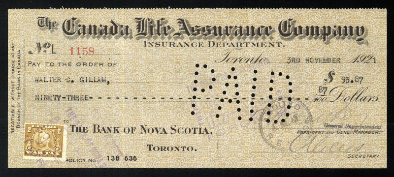 C15 Canada Life Assurance Co. bank draft, 1921, revenue stamp Van Dam #FWT8