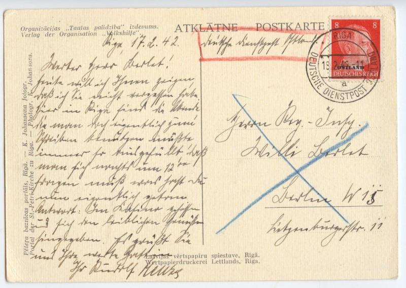 Germany 1942 Ostland Deutsche Dienstpost Osten, PPC, Riga PPC St Petri Church 