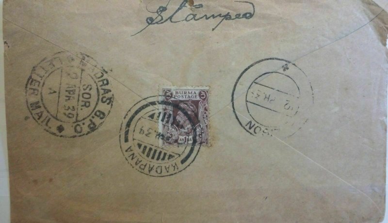 Burma 1939 Cover to Sikkon Kadapana CDS Madras on Rear Postal History