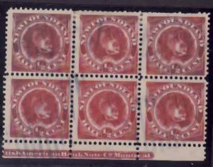 Newfoundland-Sc#56- id13-used 1/2c shade Dog block of 6-imprint partial-1888-ple