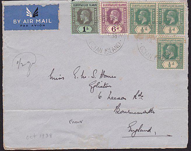 GILBERT & ELLICE IS 1938 airmail front with GV vals to 1/- ex Ocean Is.....68827