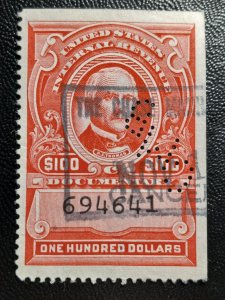 US Scott #R682 Used 1954 Revenue $100 Stamp VF Nice Cancellation  / Perfin