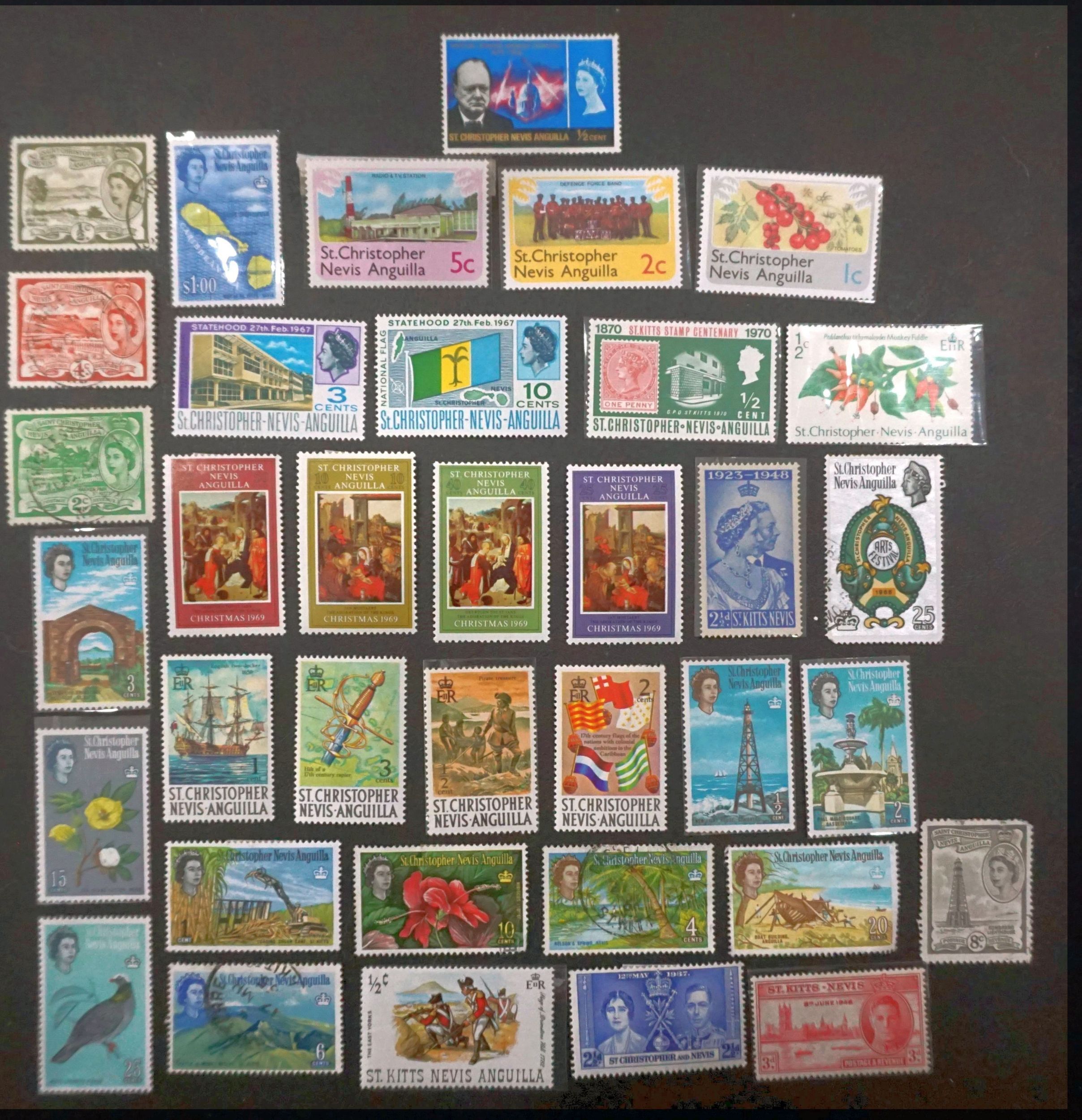 ST CHRISTOPHER NEVIS ANGUILLA Lot of 36 old stamps MNH & MH & used ...