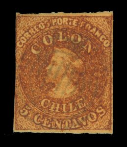 CHILE 1854 COLUMBUS 5c burnt sienna - Wmk.FA5-4(Rare)  Sc # 4 used F/VF