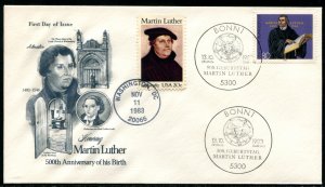 2065 US 20c Martin Luther w/Germany combo FDC,   Artmaster cachet