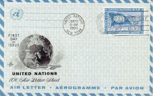 United Nations 1960 FDC Sc UC4 10c Air Letter Sheet Artcraft Cachet New York