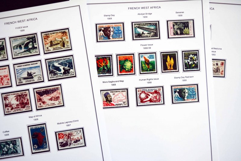 COLOR PRINTED FRENCH WEST AFRICA 1943-1959 STAMP ALBUM PAGES (15 illustr. pages)