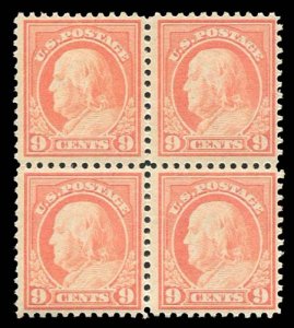 United States, 1910-30 #509 Cat$79, 1917-19 9c salmon red, block of four, top...