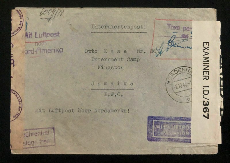 1944 Nordenham Germany Cover To Jamaica Prisoner Of War POW Internment Camp