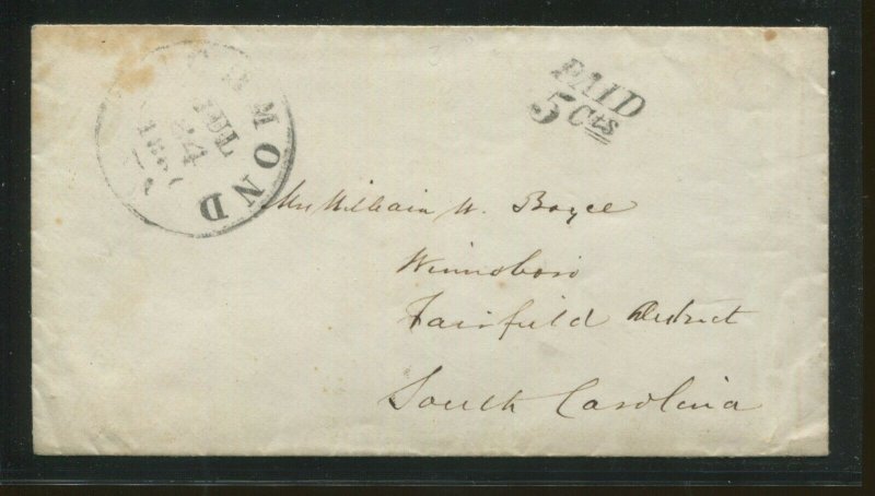 1860's Confederate States Stampless Paid 5 Cts Postal Cancel Cover