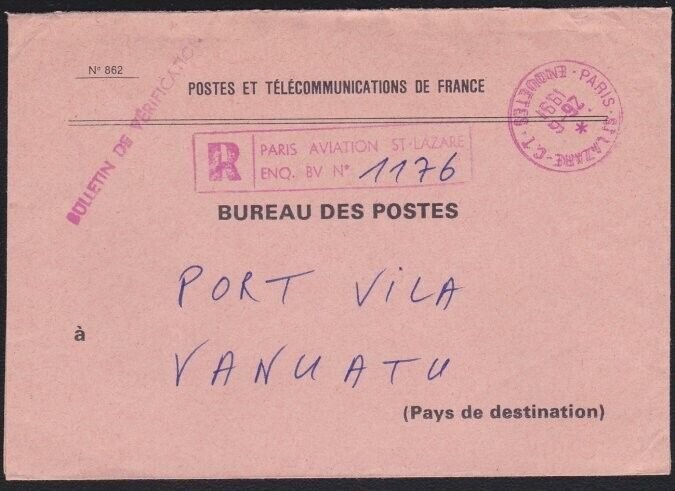 FRANCE 1991 official P.O. cover registered Paris to VANUATU................B2854