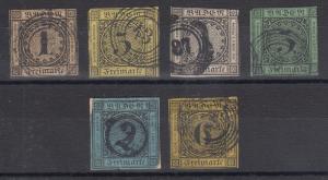 Baden Sc 1/9 used 1851-1858 First Issues, 6 different, all genuine w/ thins