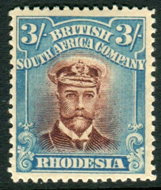 RHODESIA-1919 3/- Chestnut & Light Blue.  A lightly mounted mint example Sg 247b