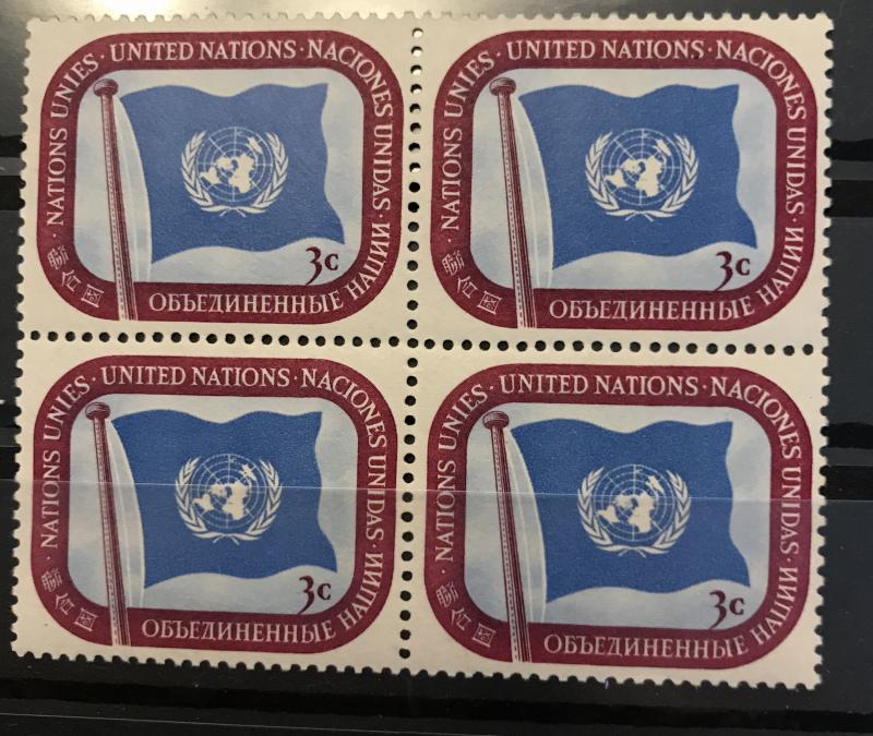 UN NY #4 MNH Block, has crease.