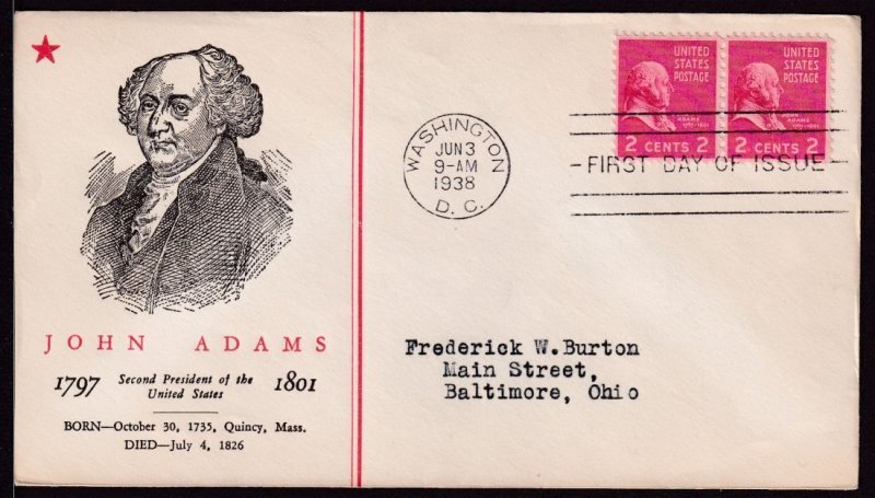 1938 Prexy Sc 806-2 2c with Linprint cachet Presidential Series Adams (R9