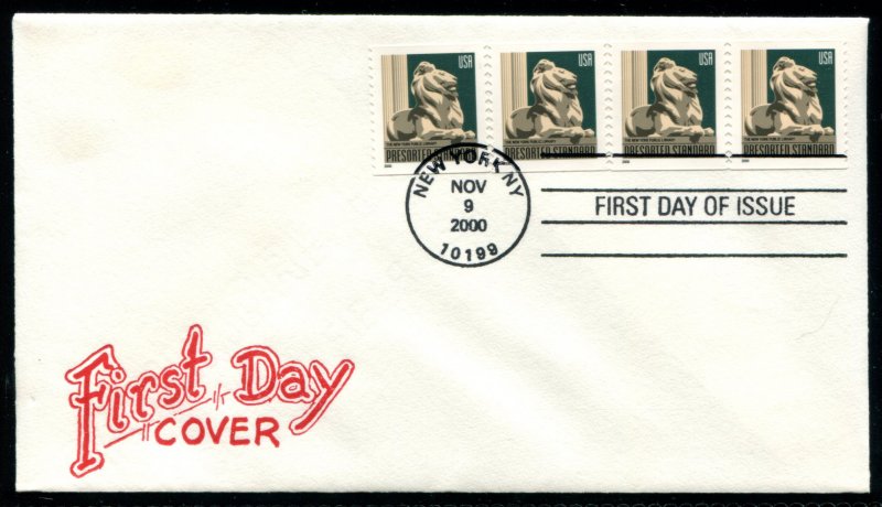 3447 US (10c) New York Public Library coil strip/4 FDC,  Artopages cachet