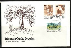 Tristan da Cunha, Scott cat. 314-316. Scout  Anniv. s/sheet. First day cover. ^