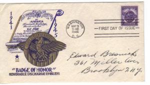 US 940 (Me-34) 3c Honorable Discharge FDC Cachet Craft Staehle Cachet ECV$100.00