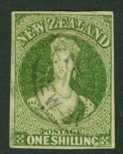 SG 45 New Zealand 1862-64. 1/- yellow-green. Very fine used CDS example...