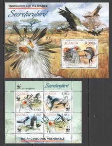 A0727 2012 Uganda Endangered & Vulnerable Species Wwf Secretarybird 1Kb+1Bl Mnh