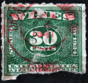 RE101 30¢ Wine Revenue Stamp (1934) Used/Fault