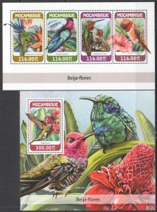 HM1318 2018 MOZAMBIQUE COLIBRIS BIRDS FAUNA #9509-2+BL1342 MNH