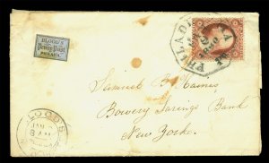 US 1860.JAN.9 Washington 3c dull red Sc 26 +1c Bloods Dispatch cvr f/ Phil to NY