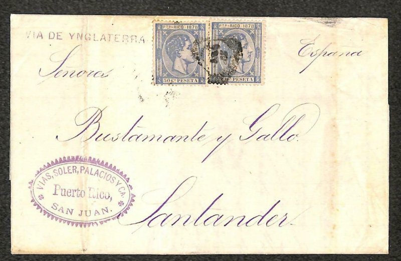 PUERTO RICO #21 (x2) STAMPS SAN JUAN VIA ENGLAND TO SANTANDER SPAIN COVER 1878