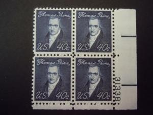 1968 #1292 40c Thomas Paine Plate Block  MNH OG