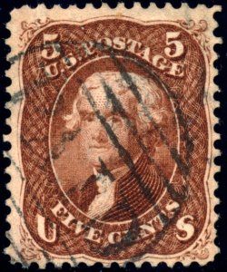 US 75 5c 1862 Thomas Jefferson F-VF paid in grid cancel PSAG cert