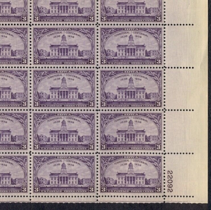 US #838 3¢ Iowa Territory, Complete sheet of 50, og, NH, VF