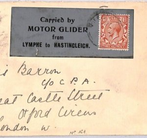 GB AIR MAIL Cover MOTOR GLIDER  1923 FIRST FLIGHT Lympne-Hastingleigh Kent ZE15