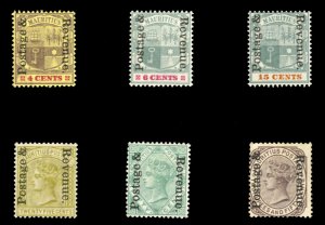 Mauritius #118-123 Cat$172.25, 1902 Postage and Revenue, set of six, hinged