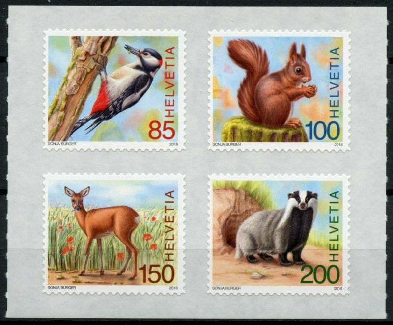 Switzerland Fauna Stamps 2018 MNH Forest Animals Badgers Deer Birds 4v S/A Set